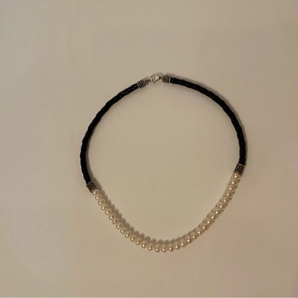 NECKLACE FRESHWATER PEARLS BLACK BRAIDED LEATHER 925 STERLING SILVER 17” - Picture 5 of 9